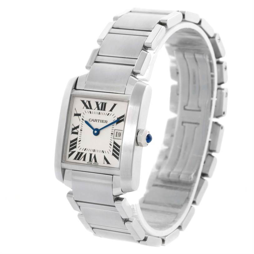The image shows a side angle view of the Cartier Tank Francaise W51011Q3 Women's Stainless Steel White Dial W51011Q3 Women's Stainless Steel White Dial watch, displaying its face, band, and crown.