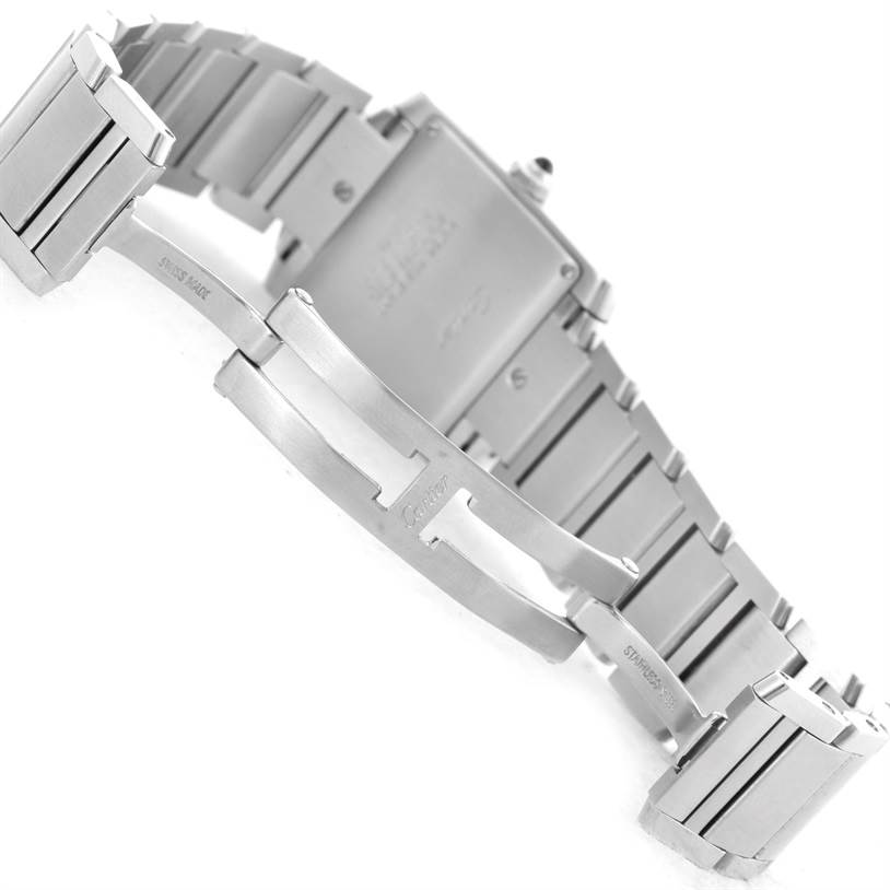 The image shows the back side and bracelet clasp of a Cartier Tank Française watch.