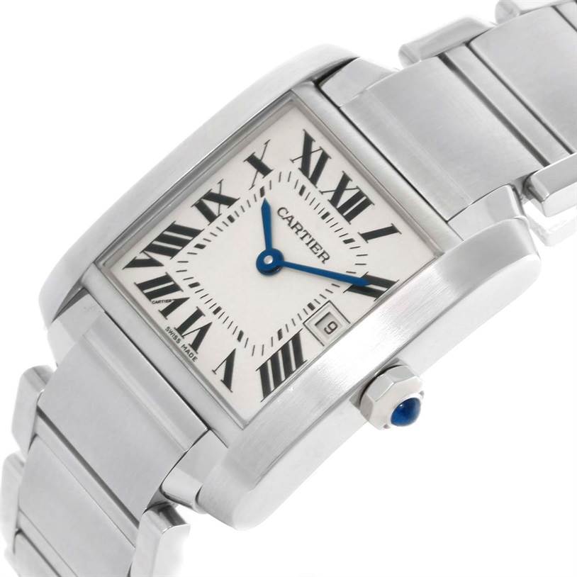 The image shows a Cartier Tank Francaise W51011Q3 Women's Stainless Steel White Dial W51011Q3 Women's Stainless Steel White Dial watch angled from the top right, highlighting the face, crown, and part of the bracelet.