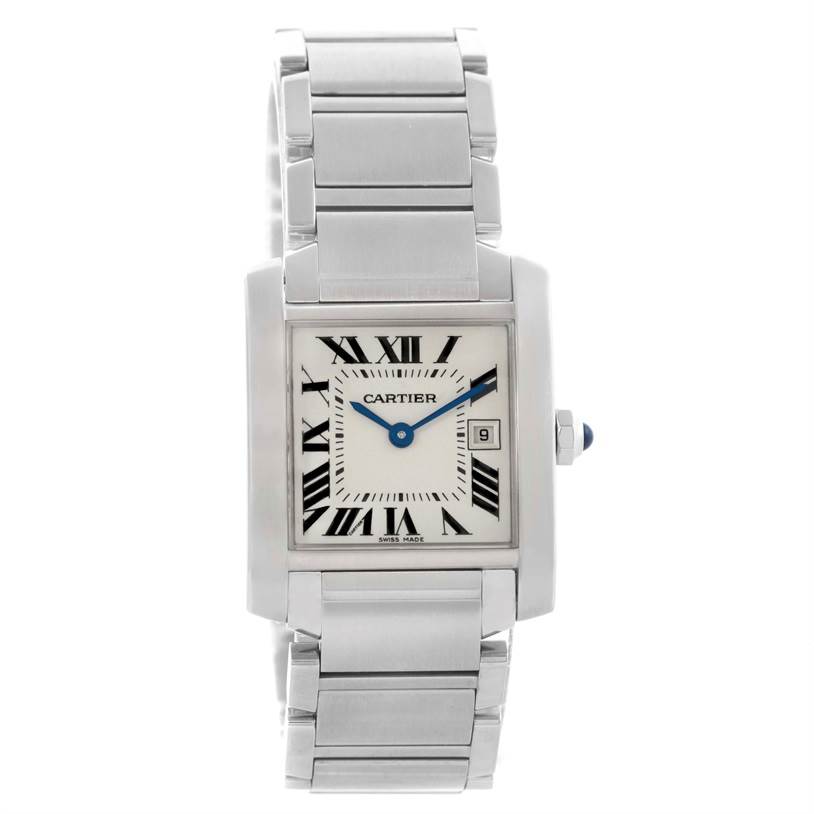 The image shows a front view of the Cartier Tank Francaise W51011Q3 Women's Stainless Steel White Dial W51011Q3 Women's Stainless Steel White Dial watch, highlighting the watch face, bezel, bracelet, and crown.