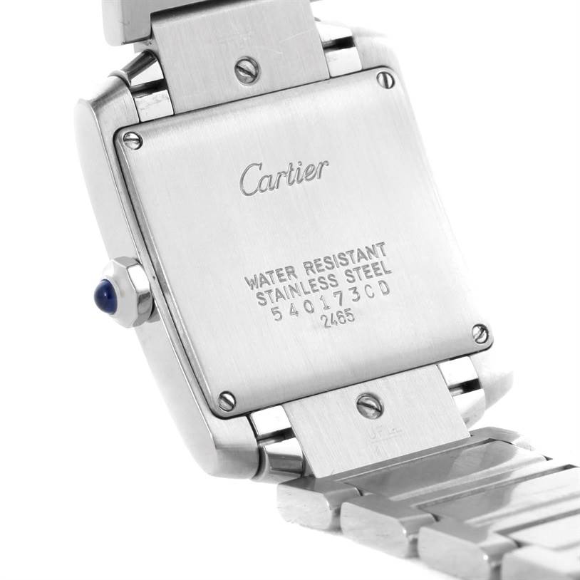 The image shows the back case and bracelet of a Cartier Tank Française watch.