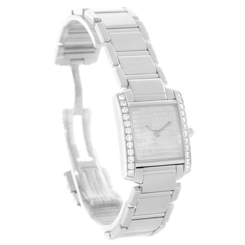 The image shows a Cartier Tank Française watch at a three-quarter angle, highlighting its bracelet, rectangular case, and diamond-set bezel.