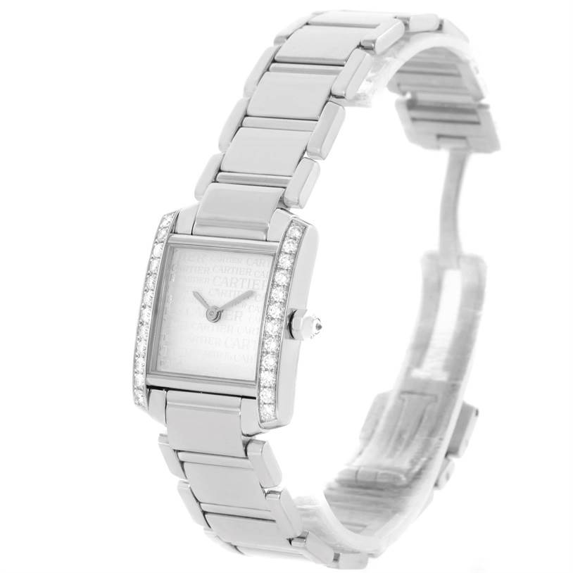 The Cartier Tank Francaise WE1002S3 Women's White Gold Silver Dial WE1002S3 Women's White Gold Silver Dial watch is shown at a slight angle, displaying its rectangular face and metal bracelet band.
