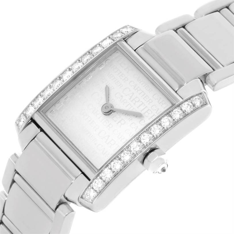 This image shows a close-up angled view of the Cartier Tank Francaise WE1002S3 Women's White Gold Silver Dial WE1002S3 Women's White Gold Silver Dial watch, highlighting its diamond-encrusted case and bracelet.
