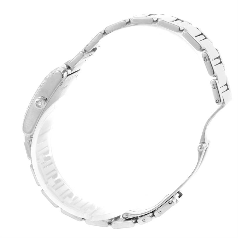 The image shows a side view of the Cartier Tank Francaise WE1002S3 Women's White Gold Silver Dial WE1002S3 Women's White Gold Silver Dial watch, highlighting its metal bracelet and clasp.