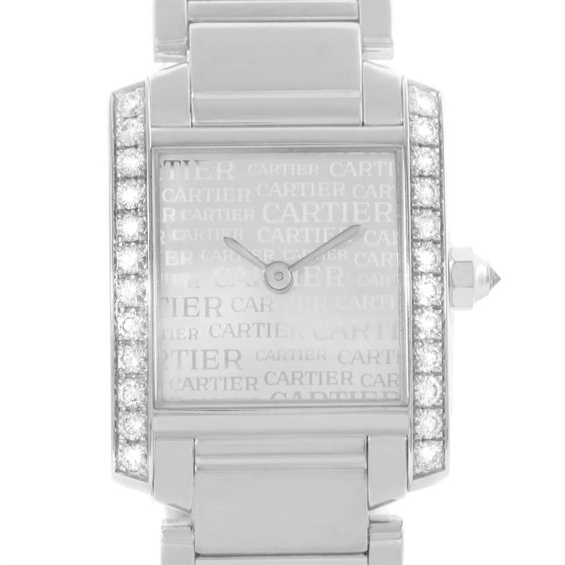 The image shows a front view of the Cartier Tank Française watch, highlighting its rectangular face and diamond-accented bezel.
