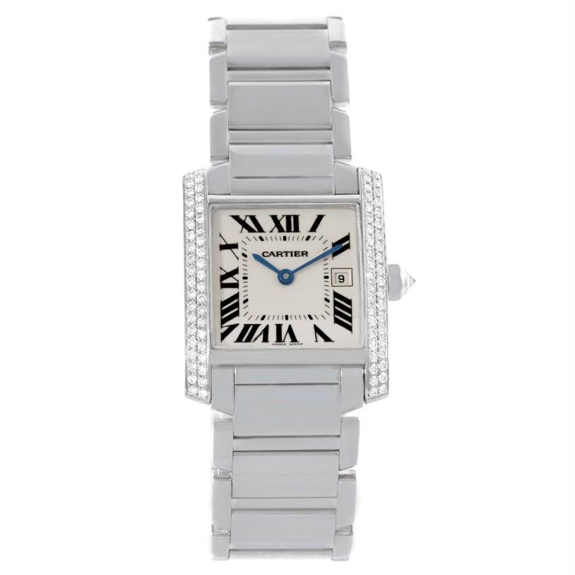 The Cartier Tank Francaise WE1018S3 Women's White Gold Silver Dial WE1018S3 Women's White Gold Silver Dial watch is shown from a top-down angle, displaying its face, bracelet, and adorned bezel.