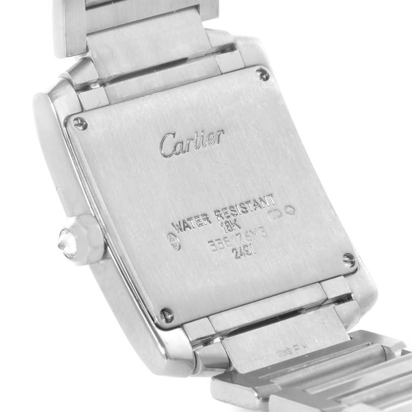 This image shows the back casing and part of the bracelet of the Cartier Tank Francaise WE1018S3 Women's White Gold Silver Dial WE1018S3 Women's White Gold Silver Dial model watch.