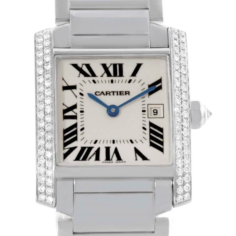 The image shows a close-up of the Cartier Tank Francaise WE1018S3 Women's White Gold Silver Dial WE1018S3 Women's White Gold Silver Dial watch, highlighting its face, bezel, and part of the bracelet.