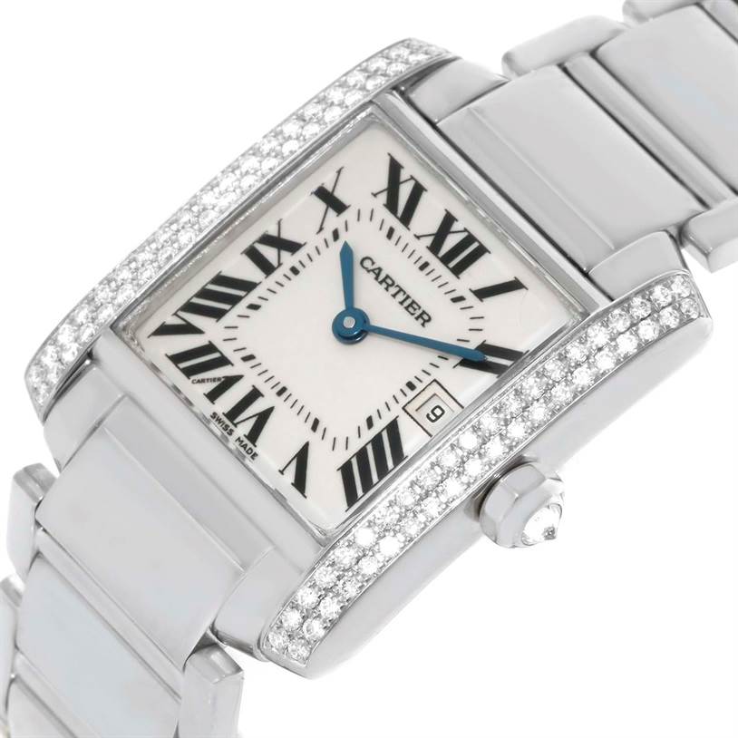 The Cartier Tank Francaise WE1018S3 Women's White Gold Silver Dial WE1018S3 Women's White Gold Silver Dial watch is shown at an angled close-up, highlighting the dial, crown, and bracelet.