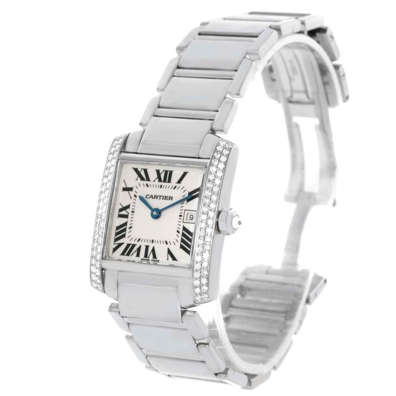 The Cartier Tank Francaise WE1018S3 Women's White Gold Silver Dial WE1018S3 Women's White Gold Silver Dial watch is shown at a slight angle, highlighting the face, bracelet, and side detailing.