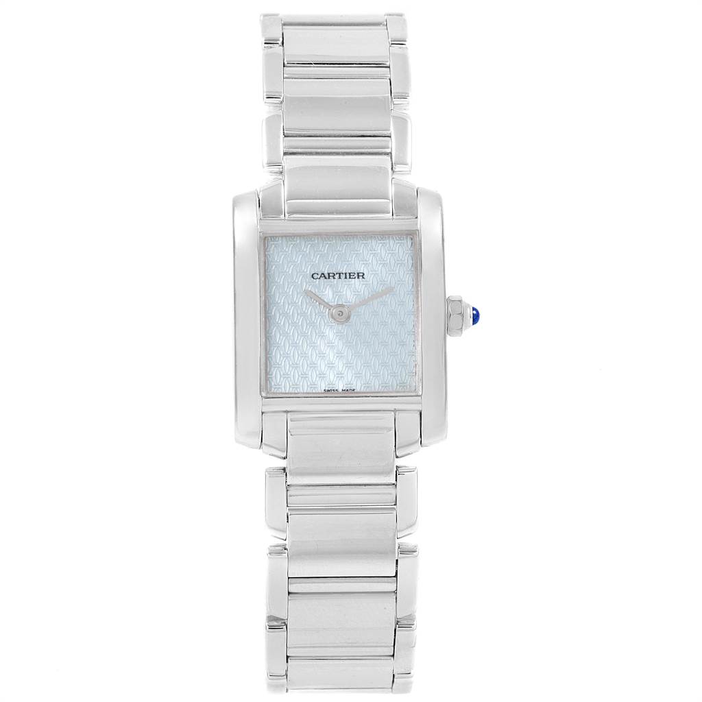This image shows a full frontal view of the Cartier Tank Francaise 2403 Women's White Gold Blue Dial 2403 Women's White Gold Blue Dial watch, highlighting its face, bracelet, and crown.