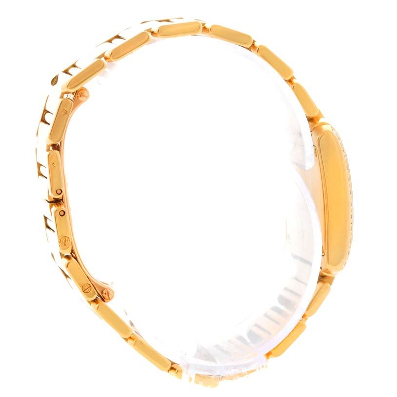 The image shows a side view of the Cartier Tank Francaise WE1001R8 Women's Yellow Gold Silver Dial WE1001R8 Women's Yellow Gold Silver Dial watch, highlighting the bracelet links and case.