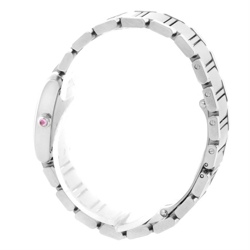 The image shows a side view of the Cartier Tank Francaise W51028Q3 Women's Stainless Steel Mother of Pearl Dial W51028Q3 Women's Stainless Steel Mother of Pearl Dial watch, highlighting its bracelet and case, featuring a pink cabochon crown.