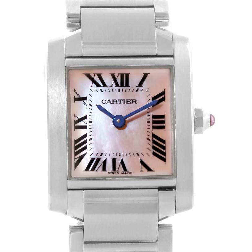 This image shows a front view of the Cartier Tank Francaise W51028Q3 Women's Stainless Steel Mother of Pearl Dial W51028Q3 Women's Stainless Steel Mother of Pearl Dial watch, highlighting the face, Roman numerals, and part of the bracelet.