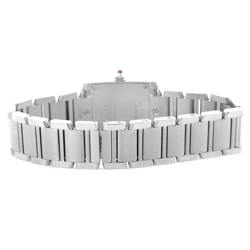 The image shows the back view of the Cartier Tank Francaise W51028Q3 Women's Stainless Steel Mother of Pearl Dial W51028Q3 Women's Stainless Steel Mother of Pearl Dial watch focusing on its stainless steel bracelet.