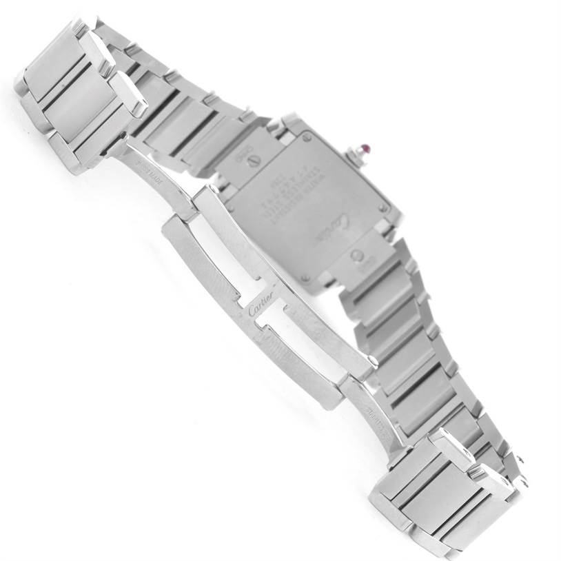 This image shows the back view of the Cartier Tank Francaise W51028Q3 Women's Stainless Steel Mother of Pearl Dial W51028Q3 Women's Stainless Steel Mother of Pearl Dial watch, including the clasp and parts of the stainless steel bracelet.
