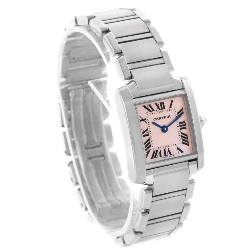 The image shows a Cartier Tank Francaise W51028Q3 Women's Stainless Steel Mother of Pearl Dial W51028Q3 Women's Stainless Steel Mother of Pearl Dial watch angled to display its face, crown, and metal bracelet.