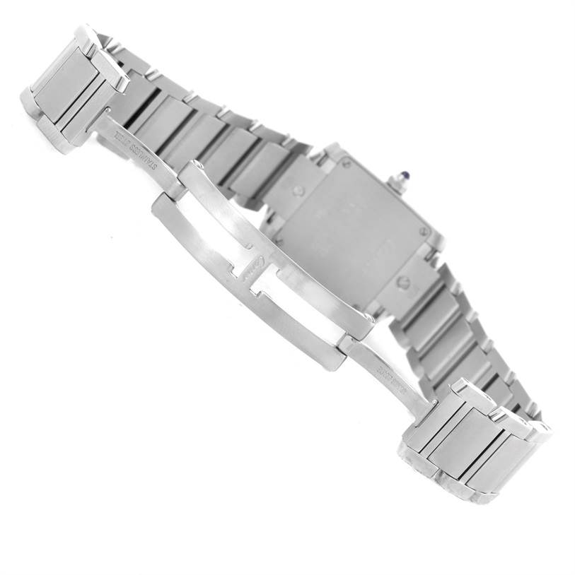 The image shows the back view of the Cartier Tank Francaise W51008Q3 Women's Stainless Steel Silver Dial W51008Q3 Women's Stainless Steel Silver Dial watch, highlighting its stainless steel bracelet and deployment clasp.