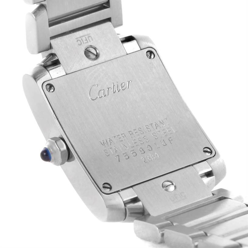 This image shows the back case and part of the bracelet of a Cartier Tank Francaise W51008Q3 Women's Stainless Steel Silver Dial W51008Q3 Women's Stainless Steel Silver Dial watch.