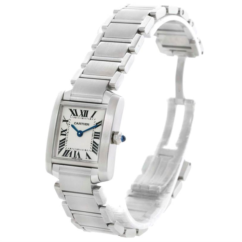 The Cartier Tank Française watch is displayed at an angle showing the face, band, and crown with clear visibility.
