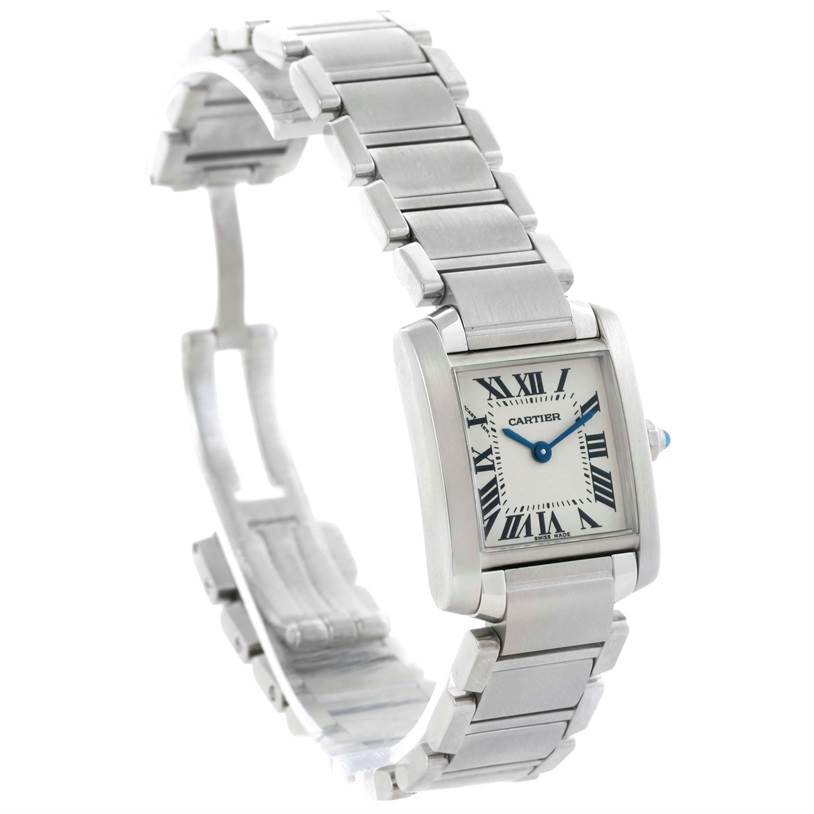 The image shows a Cartier Tank Française watch, highlighting its stainless steel bracelet, rectangular face, and Roman numeral dial.