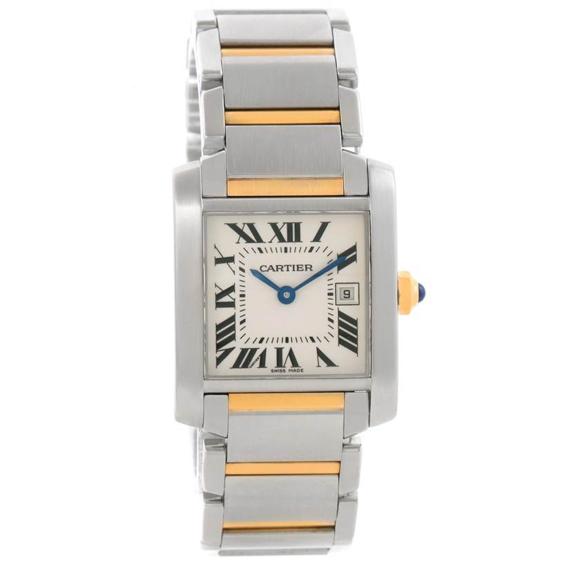 The Cartier Tank Francaise W51012Q4 Women's Steel and Gold (two tone) Silver Dial W51012Q4 Women's Steel and Gold (two tone) Silver Dial watch is shown from the front, highlighting its dial, hands, and two-tone metal bracelet.