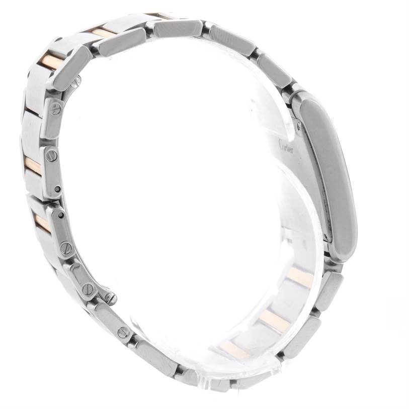 The image shows a side profile view of the Tank Francaise watch band by Cartier, focusing on the metal links and clasp.