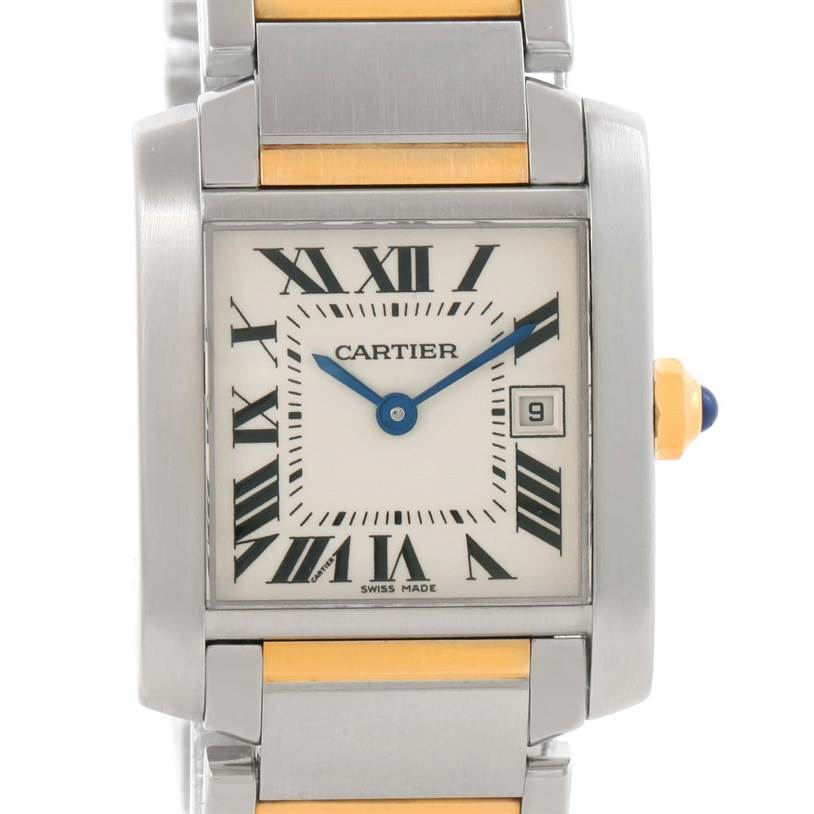 The image shows a close-up, front-facing view of the Cartier Tank Francaise W51012Q4 Women's Steel and Gold (two tone) Silver Dial W51012Q4 Women's Steel and Gold (two tone) Silver Dial watch, highlighting the dial and part of the bracelet.