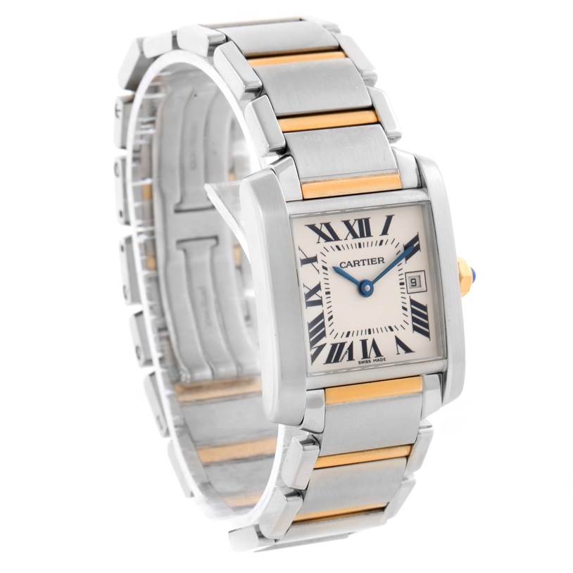 The image shows a Cartier Tank Francaise W51012Q4 Women's Steel and Gold (two tone) Silver Dial W51012Q4 Women's Steel and Gold (two tone) Silver Dial watch at a three-quarter angle, highlighting the square face, Roman numerals, date window, and metal bracelet.