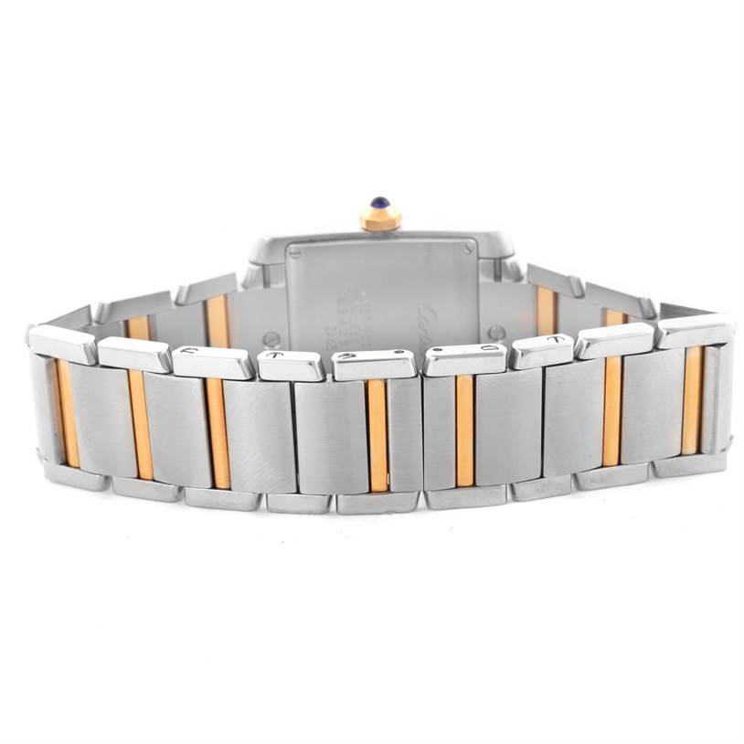 The image shows the back view of the Cartier Tank Francaise W51012Q4 Women's Steel and Gold (two tone) Silver Dial W51012Q4 Women's Steel and Gold (two tone) Silver Dial watch, highlighting its metal and gold-tone bracelet and the rear casing.