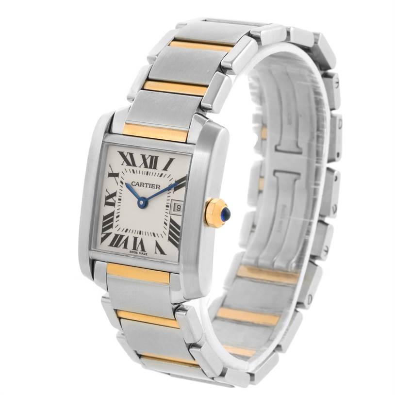 The image shows a Cartier Tank Francaise W51012Q4 Women's Steel and Gold (two tone) Silver Dial W51012Q4 Women's Steel and Gold (two tone) Silver Dial watch from a three-quarter view, highlighting the face, bracelet, and crown.