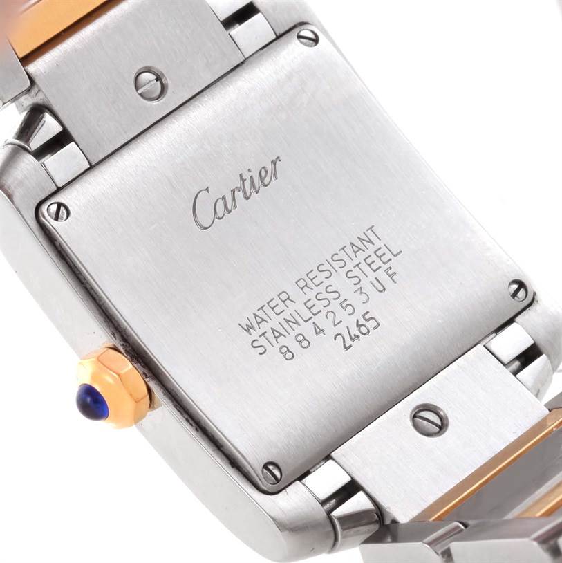 This image shows the back case and part of the bracelet of the Cartier Tank Francaise W51012Q4 Women's Steel and Gold (two tone) Silver Dial W51012Q4 Women's Steel and Gold (two tone) Silver Dial watch.