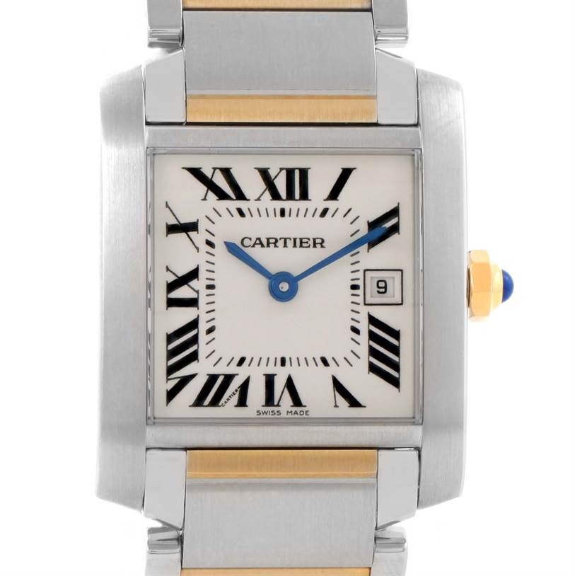 The image shows a front view of the Cartier Tank Francaise W51012Q4 Women's Steel and Gold (two tone) Silver Dial W51012Q4 Women's Steel and Gold (two tone) Silver Dial watch, showcasing its dial, hands, crown, and part of the bracelet.