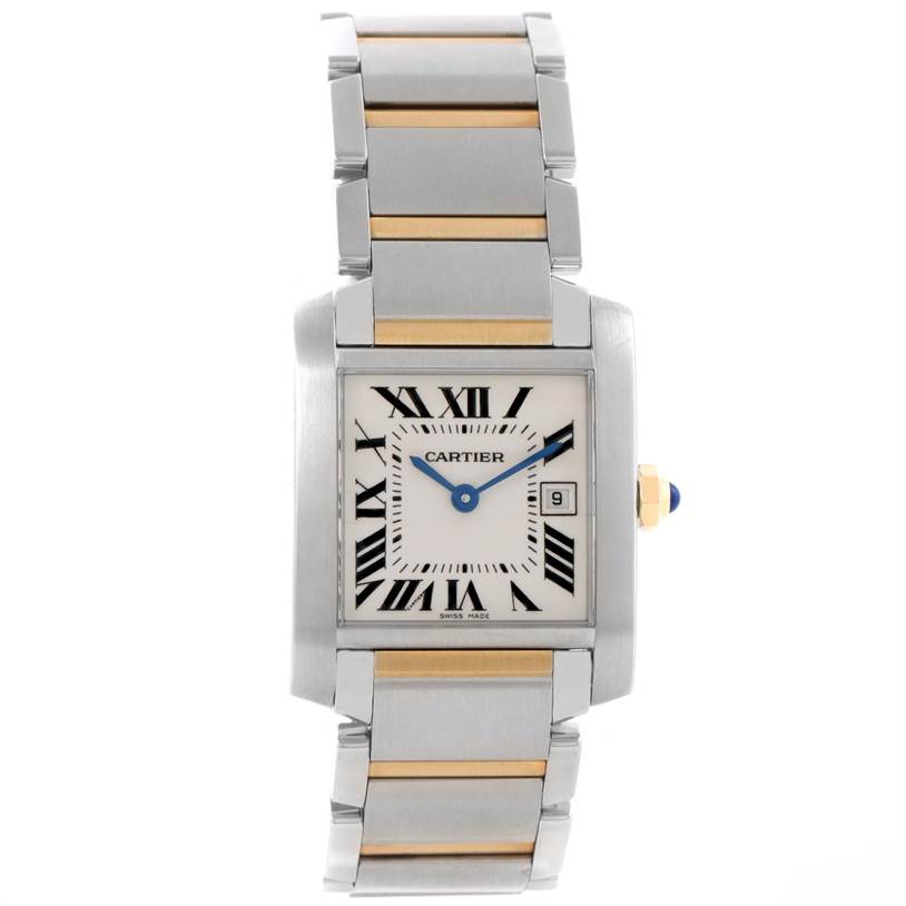 The image shows a frontal view of the Cartier Tank Française watch, displaying its face and bracelet.
