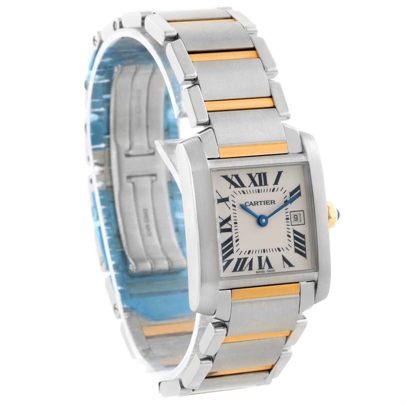 This image shows a frontal angle of the Cartier Tank Francaise W51012Q4 Women's Steel and Gold (two tone) Silver Dial W51012Q4 Women's Steel and Gold (two tone) Silver Dial watch, highlighting its face, bracelet, and side crown.
