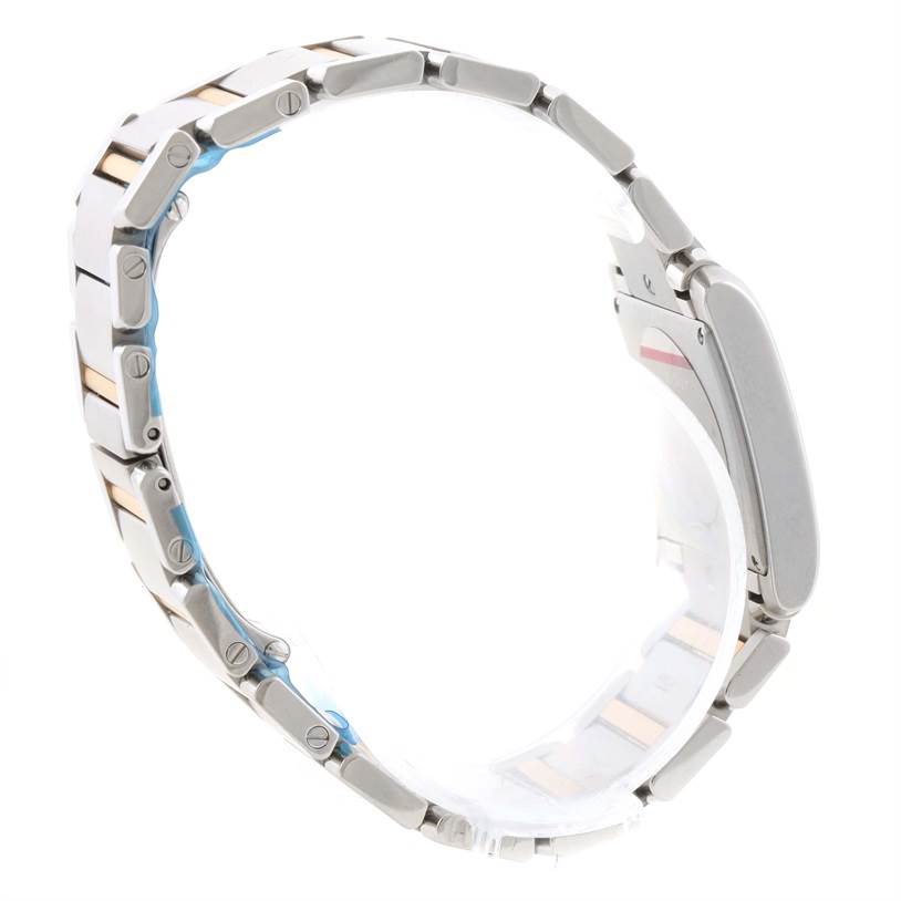 The Cartier Tank Francaise W51012Q4 Women's Steel and Gold (two tone) Silver Dial W51012Q4 Women's Steel and Gold (two tone) Silver Dial watch is shown from the side, emphasizing the bracelet links and clasp.