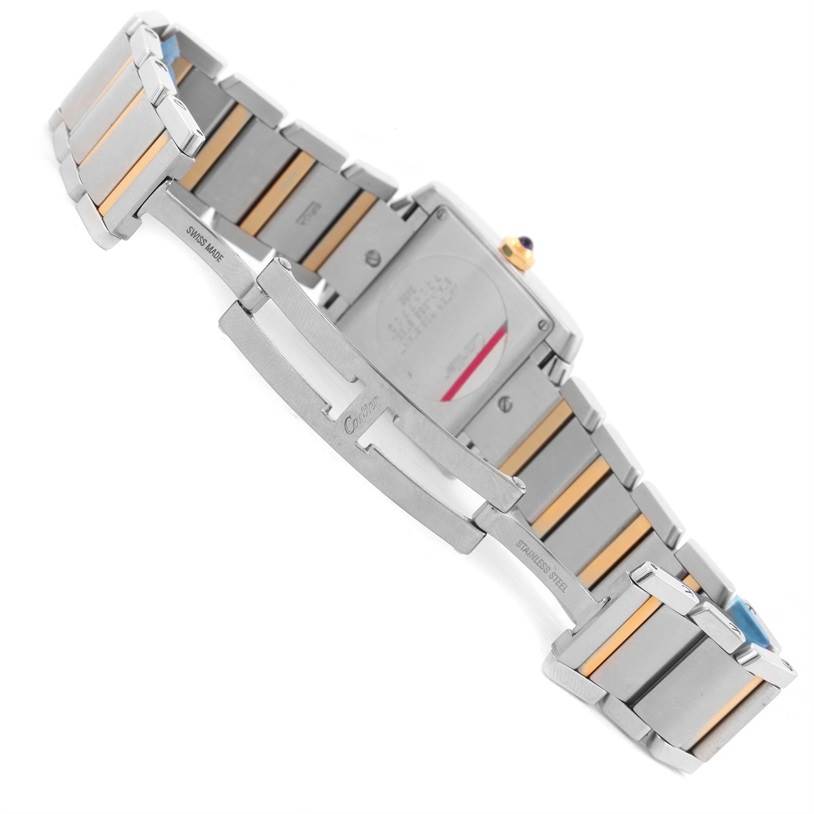 The image shows the rear side of a Cartier Tank Francaise W51012Q4 Women's Steel and Gold (two tone) Silver Dial W51012Q4 Women's Steel and Gold (two tone) Silver Dial watch, focusing on the stainless steel and gold-tone bracelet and clasp.
