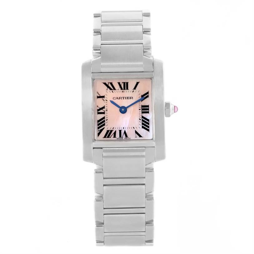 The image shows a Cartier Tank Francaise W51028Q3 Women's Stainless Steel Mother of Pearl Dial W51028Q3 Women's Stainless Steel Mother of Pearl Dial watch from a top view, highlighting its stainless steel bracelet and rectangular dial.