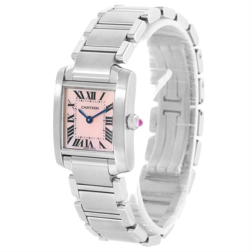 The image shows a Cartier Tank Francaise W51028Q3 Women's Stainless Steel Mother of Pearl Dial W51028Q3 Women's Stainless Steel Mother of Pearl Dial watch at an angled view, displaying its pink dial, Roman numerals, and stainless steel bracelet.