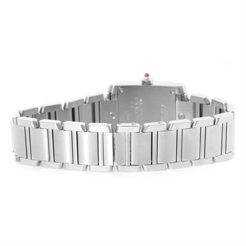 The image shows the back view of a Cartier Tank Francaise W51028Q3 Women's Stainless Steel Mother of Pearl Dial W51028Q3 Women's Stainless Steel Mother of Pearl Dial watch, focusing on the bracelet and case back.