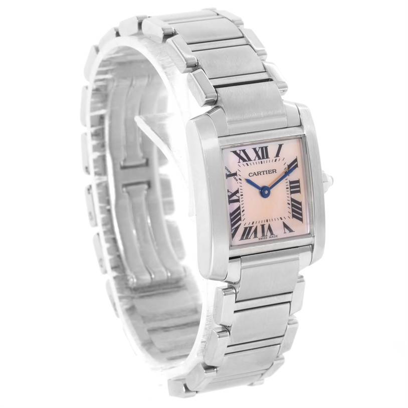 The image shows a side-angle view of a Cartier Tank Francaise W51028Q3 Women's Stainless Steel Mother of Pearl Dial W51028Q3 Women's Stainless Steel Mother of Pearl Dial watch highlighting the face, bezel, and bracelet.