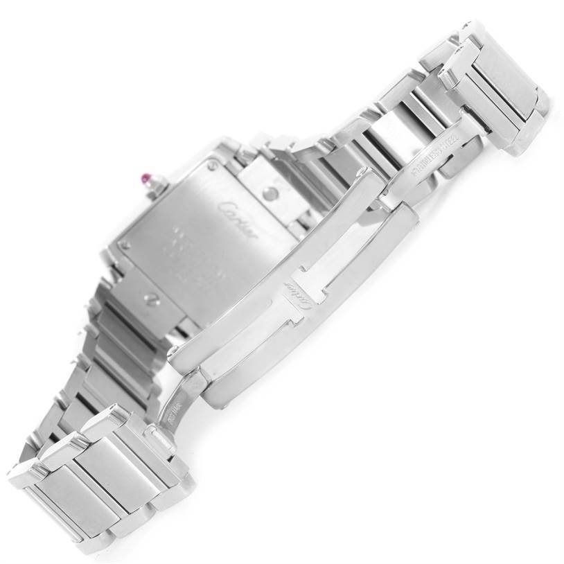 The image shows the back and clasp of the bracelet of a Cartier Tank Francaise W51028Q3 Women's Stainless Steel Mother of Pearl Dial W51028Q3 Women's Stainless Steel Mother of Pearl Dial watch, focusing on the stainless steel links and deployment buckle.