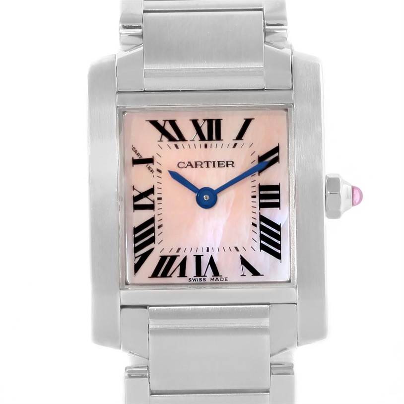 This image shows a close-up of the Cartier Tank Francaise W51028Q3 Women's Stainless Steel Mother of Pearl Dial W51028Q3 Women's Stainless Steel Mother of Pearl Dial watch face, crown, and part of the bracelet.