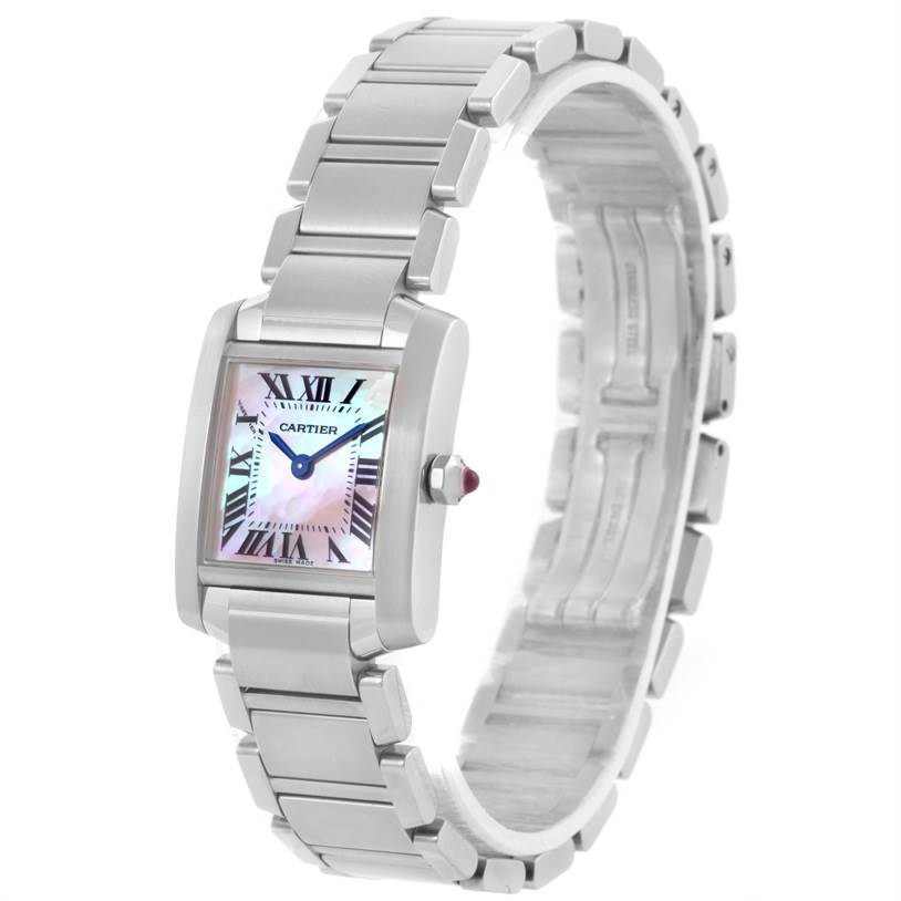 The Cartier Tank Francaise W51028Q3 Women's Stainless Steel Mother of Pearl Dial W51028Q3 Women's Stainless Steel Mother of Pearl Dial watch is shown at an angled front view, displaying the face, crown, and bracelet.