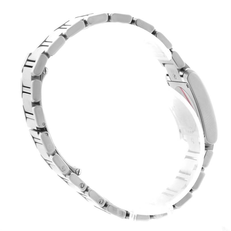 The image shows a side view of the Tank Française watch by Cartier, focusing on its metal bracelet and clasp.