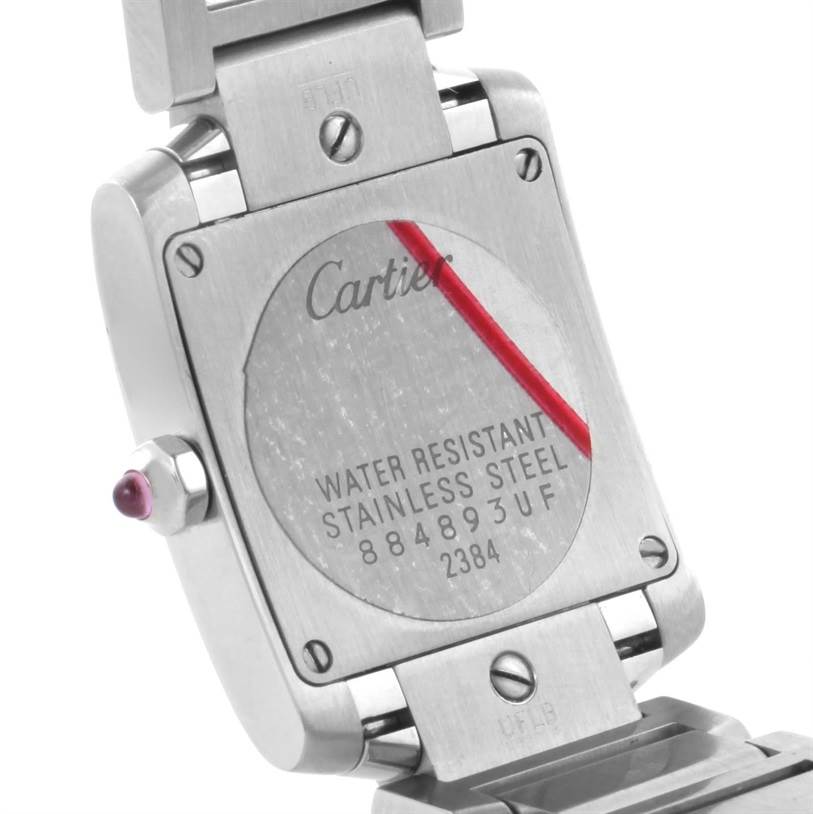 The image shows the back side of a Cartier Tank Française watch, highlighting the caseback details and part of the bracelet.