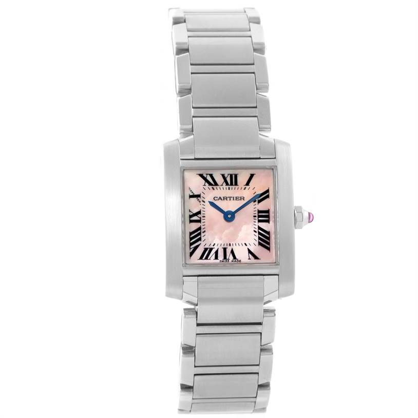 The image shows a Cartier Tank Francaise W51028Q3 Women's Stainless Steel Mother of Pearl Dial W51028Q3 Women's Stainless Steel Mother of Pearl Dial model watch, highlighting the dial and bracelet from a front-facing angle.