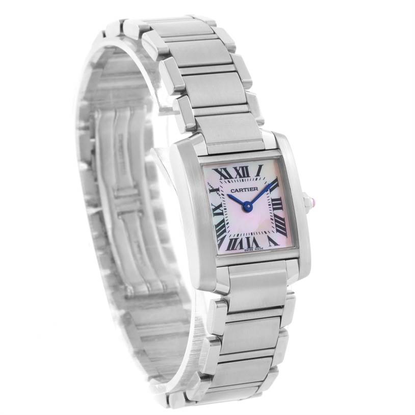 The image shows the Tank Francaise watch by Cartier at a three-quarter angle, highlighting its stainless steel bracelet and rectangular dial.
