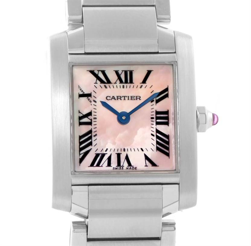 This image shows a front view of the Cartier Tank Francaise W51028Q3 Women's Stainless Steel Mother of Pearl Dial W51028Q3 Women's Stainless Steel Mother of Pearl Dial watch, highlighting its face, Roman numerals, and part of its metal bracelet.